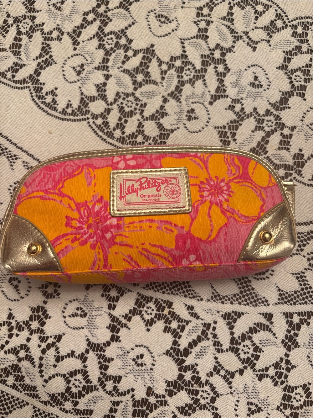 Lilly Pulitzer Pink & Orange Floral Zip Cosmetic Case with Gold Accents